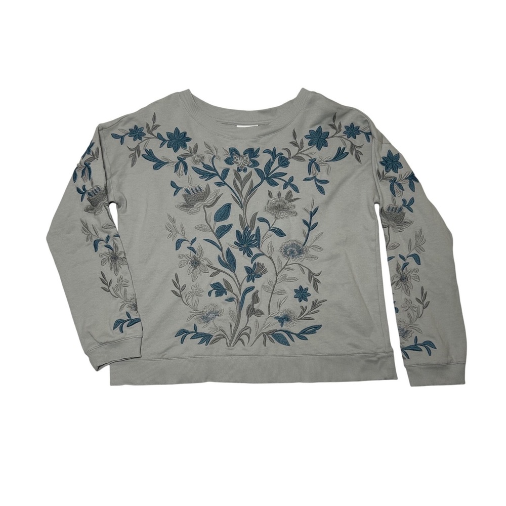 J. Jill Embroidered 100% Cotton Sweatshirt Floral Crewneck Women S Gray Cottage